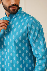 Men's Teal Cotton Floral printed kurta Only